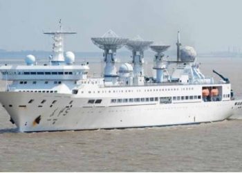 Sarath Weerasekera welcomes the Chinese ship Yuan Wang 5 at the Hambantota Port. “On behalf of the President, I came here to welcome the ship and wish them,” he says.
