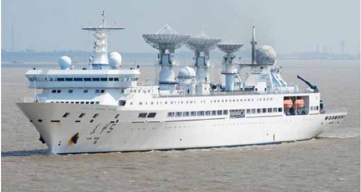 Sarath Weerasekera welcomes the Chinese ship Yuan Wang 5 at the Hambantota Port. “On behalf of the President, I came here to welcome the ship and wish them,” he says.