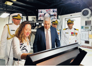 President Wickremesinghe and U.S. Ambassador Chung celebrate the Commissioning of the U.S-donated Sri Lanka Navy Ship Vijayabahu