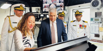 President Wickremesinghe and U.S. Ambassador Chung celebrate the Commissioning of the U.S-donated Sri Lanka Navy Ship Vijayabahu