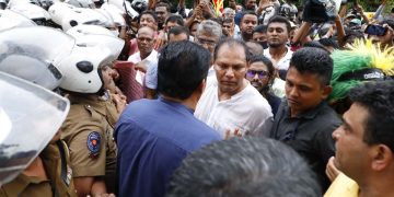 Police had tried hard to keep Sajith from joining the rally yesterday morning.