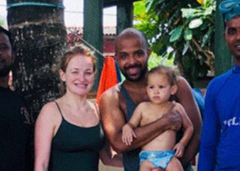 In Hikkaduwa, police lifeguards save a tourist couple and their infant child from drowning.