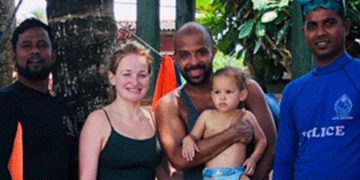 In Hikkaduwa, police lifeguards save a tourist couple and their infant child from drowning.