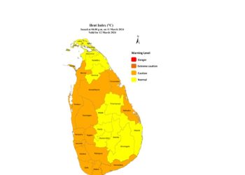 Heat Index at ‘caution’ level in Western, North-western, Sabaragamuwa and Southern provinces and Anuradhapura, Batticaloa, Mannar and Trincomalee districts