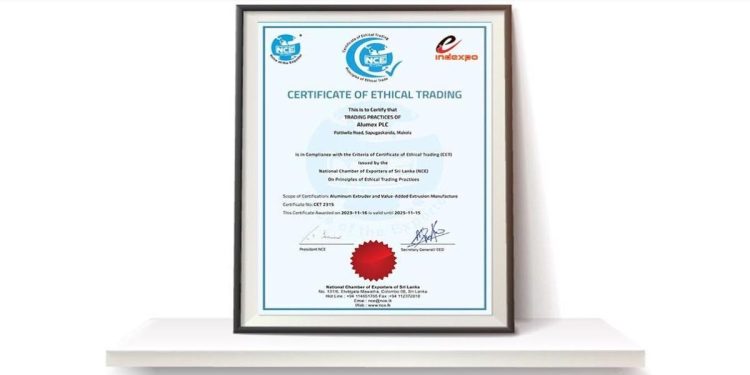 National Chambers of Exporters of Sri Lanka bestows highly-coveted ‘Certificate of Ethical Trading’ on Alumex PLC