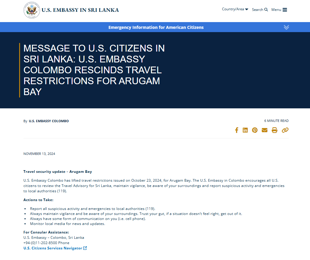 Travel Restrictions for American Tourists in Arugam Bay Lifted by U.S. Embassy in Colombo