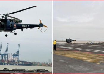 Two Chetak helicopters from INS Vikrant took off for search and rescue operations with Sri Lankan Air Force personnel onboard.