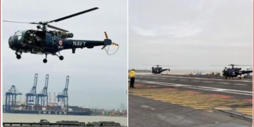 Two Chetak helicopters from INS Vikrant took off for search and rescue operations with Sri Lankan Air Force personnel onboard.