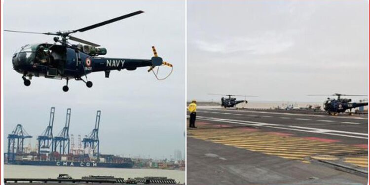 Two Chetak helicopters from INS Vikrant took off for search and rescue operations with Sri Lankan Air Force personnel onboard.